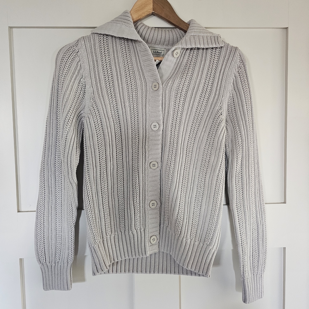 L.L. Bean Light Gray Ribbed Button-Front Cardigan - Picture 2 of 7